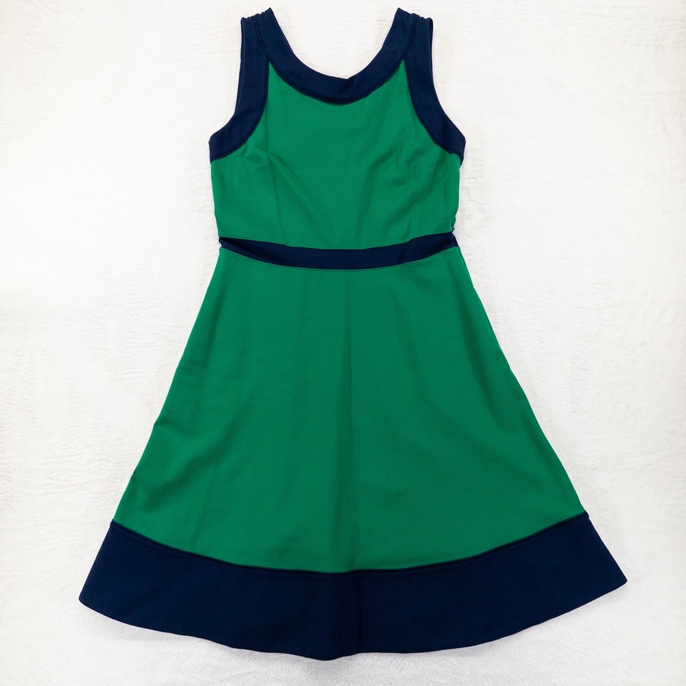 Lands' End Womens Dress 12P Green Navy Colorblock Ponte Knit Fit Flare Preppy